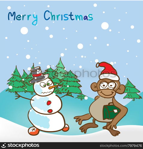 Background for a christmas theme with monkey and snowman 2016