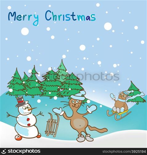Background for a Christmas theme with snowman and cats