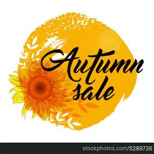 "Background for autumn sale with yellow sunflower. "Autumn sale" lettering."