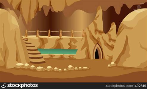 Background for cartoon or fantasy game asset. Underground realm of gnomes or dark elves. Cave landscape with rock house, stones and underground lake. Vector illustration