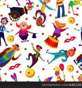 Background for greeting cards. Seamless pattern with funny clowns in cartoon style. Clown background seamless, happy, joker and jester, vector illustration. Background for greeting cards. Seamless pattern with funny clowns in cartoon style