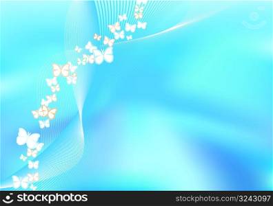 Background illustration with a beautiful liquid mesh and lined curves with butterflies flying around.