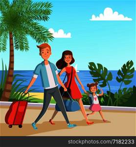 Background illustration with happy family walking on the beach. Travel concept vector illustrations. Woman and man with girl child summertime. Background illustration with happy family walking on the beach. Travel concept vector illustrations