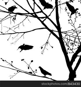 Background illustration with pigeons silhouettes in the trees, vector