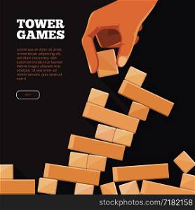 Background illustration with wood brick in hand. Tower games concept. Vector block wooden, build toy brick. Background illustration with wood brick in hand. Tower games concept