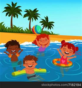Background illustrations of happy kids in pool. Child summer beach, coast sand with green palm vectorion,. Background illustrations of happy kids in pool
