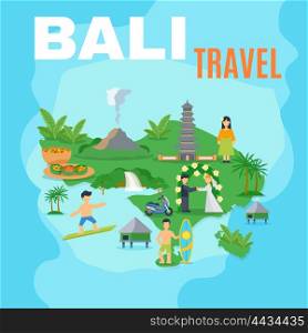 Background Map Bali Travel . Background map Bali travel green island on blue sea with pictures of tourist places vector illustration