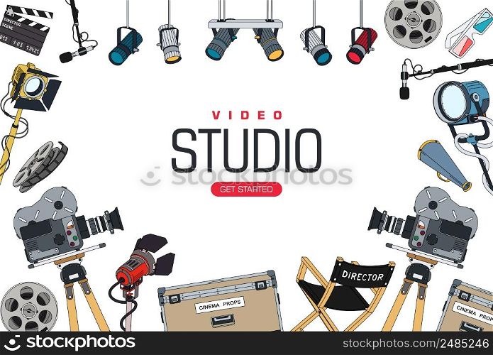 Background mockup for video studio. Poster design with a set of equipment and tools for the film industry and filming video clips. Vector illustration