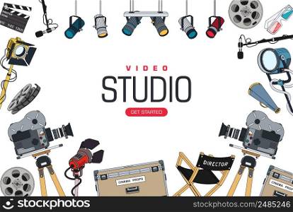 Background mockup for video studio. Poster design with a set of equipment and tools for the film industry and filming video clips. Vector illustration