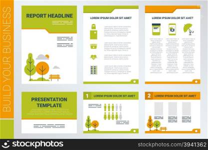Background of A4 sheet cover and presentation template in green theme with flat design elements, ideal for company information or infographic report