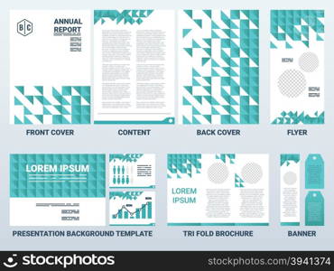 Background of A4 sheet cover and presentation template in green theme with flat design elements, ideal for company information or infographic report