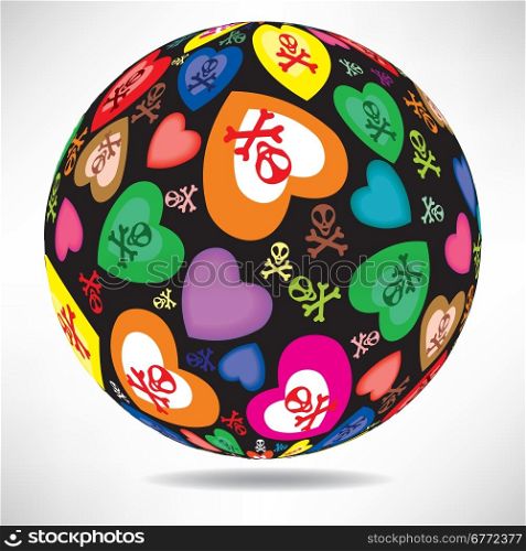 Background of colorful hearts and bones in the shape of balls with space for text