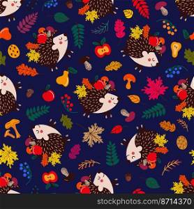 Background of cute hedgehogs among autumn leaves and fruits with mushrooms on blue background . Seamless pattern with hedgehogs and autumn leaves 