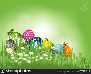 Background of Easter eggs in grass with butterflies