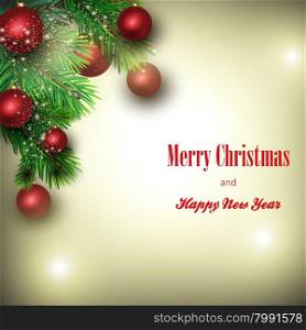 Background of fir branches and Christmas decorative ball. Bright new year background