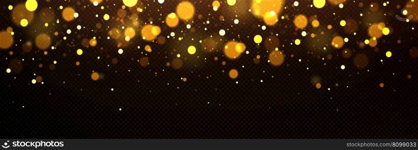 Background of gold light bokeh with blur effect and sparkles. Abstract overlay texture of glitter, blurry shine isolated on transparent background, vector realistic illustration. Gold light bokeh effect on transparent background