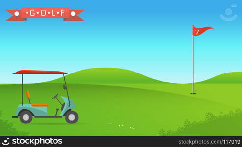 Background of golf field beautiful landscape,Golf hole banner vector green tree background illustration with golf cart flag and trees