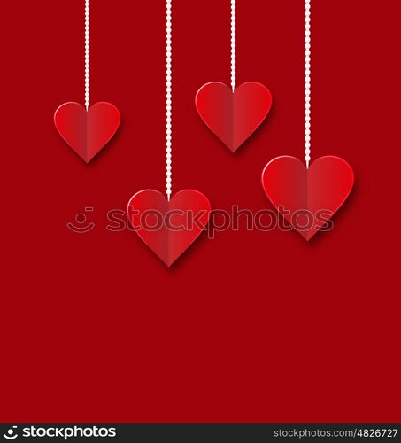 Background of hearts hanging on strings - Valentine s Day. Hearts of red paper hanging on strings on red background. Valentine s Day card - vector