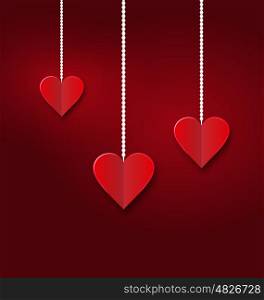 Background of hearts hanging on strings - Valentine s Day. Hearts of red paper hanging on strings on red background. Valentine s Day card - vector