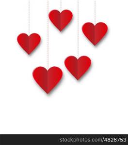 Background of hearts hanging on strings - Valentine s Day. Red hearts hanging on strings on white background. Valentine s Day card - vector