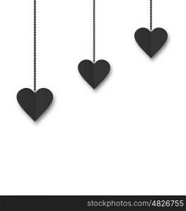 Background of hearts hanging on strings - Valentine s Day. Hearts of black paper hanging on strings on white background. Valentine s Day card - vector