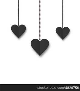 Background of hearts hanging on strings - Valentine s Day. Hearts of black paper hanging on strings on white background. Valentine s Day card - vector