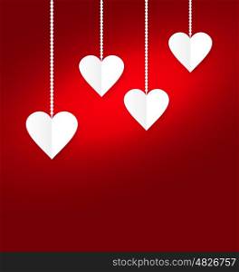 Background of hearts hanging on strings - Valentine s Day. Hearts of white paper hanging on strings on red background. Valentine s Day card - vector