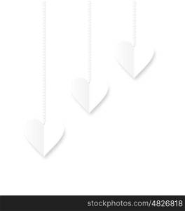 Background of hearts hanging on strings - Valentine s Day. White hearts hanging on strings on white background. Valentine s Day card - vector