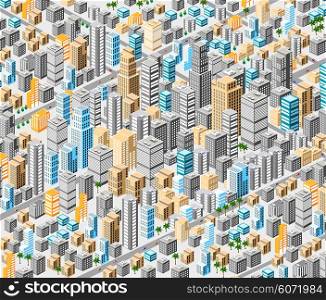 Background of isometric city with hundreds of different houses, offices, skyscrapers, supermarkets and streets with traffic.