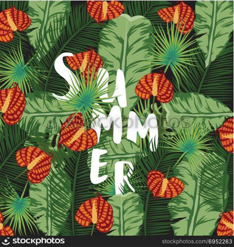 Background of palm leaves and tropical flowers