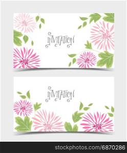 Background of pink flowers and leaves. Vector illustration of dahlia flower. Background with pink flowers and leaves. Set of greeting cards