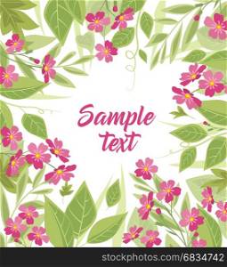 Background of pink flowers and leaves. Vector illustration of pink flowers. Background of pink flowers and leaves