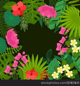 Background of stylized tropical plants, leaves and flowers.