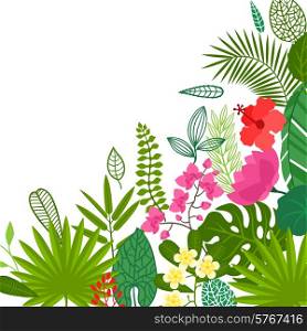 Background of stylized tropical plants, leaves and flowers.