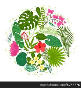 Background of stylized tropical plants, leaves and flowers.