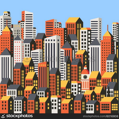 Background of the city buildings, skyscrapers and houses. Urban drawings in a flat style.