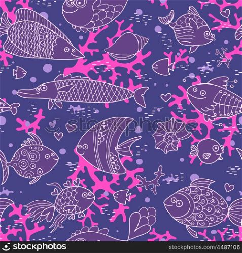 Background of underwater world. Seamless pattern with cute fish, shells, corals. Vector illustration.