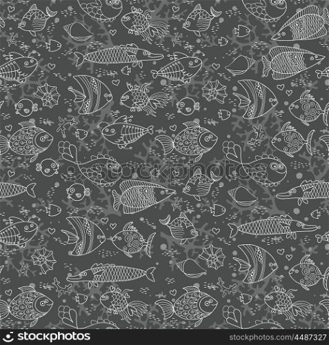 Background of underwater world. Seamless pattern with cute fish, shells, corals. Vector illustration.