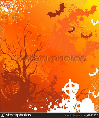 background on halloween with withered trees and abandoned tombs, painted bright orange paint.&#xA;