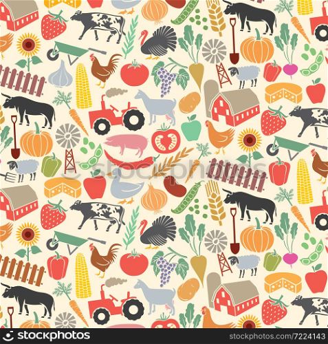 Background pattern with agricultural icons (farm, windmill, tractor, cow, chicken, pig, sheep, goat, bull, vegetables, fruits, spade, shovel, fence) vector