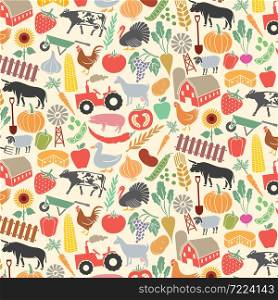 Background pattern with agricultural icons (farm, windmill, tractor, cow, chicken, pig, sheep, goat, bull, vegetables, fruits, spade, shovel, fence) vector