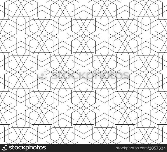Background seamless pattern based on traditional islamic art.Black color.Great design for fabric,textile,cover,wrapping paper,background.Fine lines.. Background seamless pattern based on traditional islamic art.Black color.Fine lines.