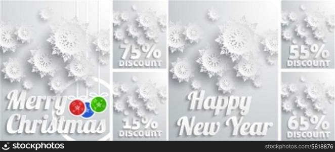 Background set for Christmas and New Year big sales with snowflakes, discount percentage and christmas balls on white background
