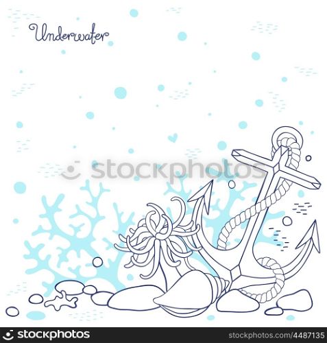 Background underwater seabed with rocks, corals, shells, anchor. Vector illustration.