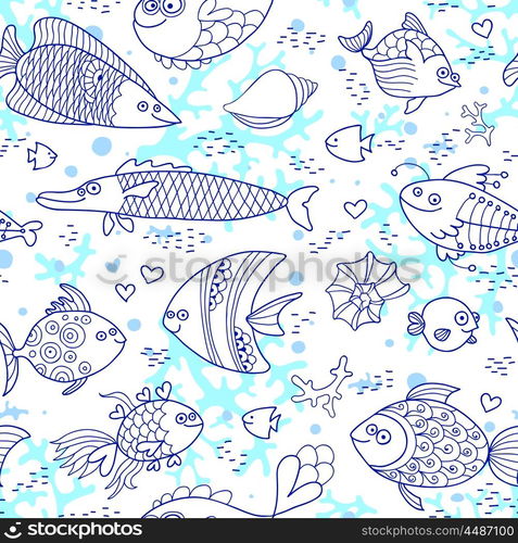 Background underwater world. Seamless pattern with cute fish, shells, corals. Vector illustration.