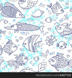 Background underwater world. Seamless pattern with cute fish, shells, corals. Vector illustration.
