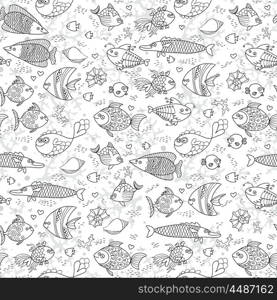 Background underwater world. Seamless pattern with cute fish, shells, corals. Vector illustration.