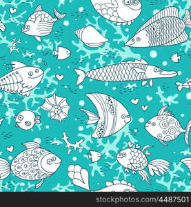 Background underwater world. Seamless pattern with cute fish, shells, corals. Vector illustration
