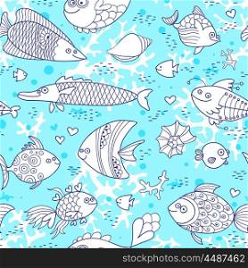 Background underwater world. Seamless pattern with cute fish. Vector illustration.