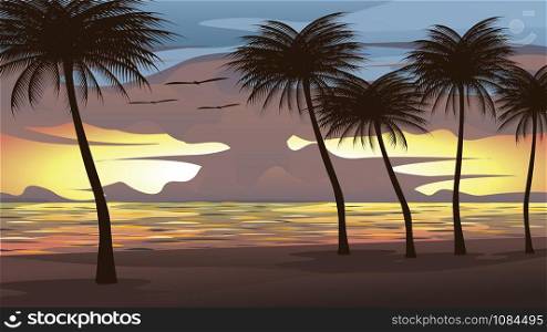Background vector illustration of the beach, sea, sunset sky With coconut trees and birds flying. It is a beautiful natural picture.